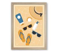 Summer Beach Essentials Modern Framed Wall Art Print A3 (42×29.7cm) Oak, Wall Decor for Living Room, Bedroom, Office & Home, Ready to Hang, Art Gift