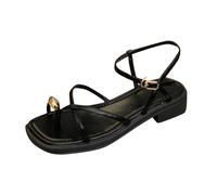 Summer Beach Flat Sandals for Women uk 2025 With One Line Buckle Clip Toe Thick Heel Temperament Thin Strap Thong Wedge Sandals (Black, 5.5)