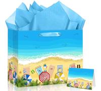 Summer Beach Gift Bag Cartoon Beach Tropical Birthday Gift Wrapping Paper Bag with Tissue Paper Card Blue Ocean Pool Party Favors Bag for Kids Women Holiday Luau Aloha Bday Party Supplies Decorations