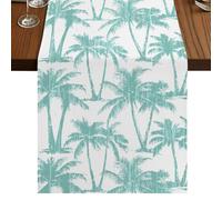 Summer Beach Palm Table Runner, Tropical Country Coastal Green Tree Silhouettes Cotton and Table Linen Runner for Kitchen Dining Home Decor for Party Festival Holiday Decoration Gift 13x36in