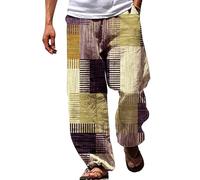 Summer Beach Pants Men, Baggy Beach Trousers Men Drawstring Elastic Waist 3D Print Stripe Graphic Printed Trousers Mens Summer Beach Trousers with Pockets Plus Size Mens Linen Trousers Yellow