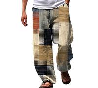 Summer Beach Pants Men, Baggy Beach Trousers Men Drawstring Elastic Waist 3D Print Stripe Graphic Printed Trousers Mens Summer Beach Trousers with Pockets Plus Size Mens Linen Trousers Khaki