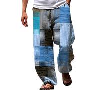 Summer Beach Pants Men, Baggy Beach Trousers Men Drawstring Elastic Waist 3D Print Stripe Graphic Printed Trousers Mens Summer Beach Trousers with Pockets Plus Size Mens Linen Trousers Blue