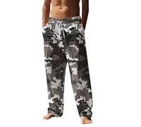 Summer Beach Pants, Mens Casual Cotton LinenTapered Leg Drawstring Wave Color Loose Fit Summer Plus Size Yoga Beach Pants Fashion 15D Printed Lounge Trousers with Pockets Lightweight Trouser Grey