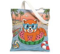 Summer Beach Red Panda Canvas Tote Bag for Shopping 13 * 15, Tropical Coastal Beachy Swim Ring Reusable Grocery Bag for Women, Fun Animal Aesthetic Painting Gift Decoration