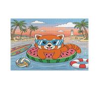 Summer Beach Red Panda Jigsaw Puzzles for Adults 1000 Piece, Tropical Coastal Beachy Swim Ring Wooden Printed Puzzles, Fun Animal Pattern Decor for Entertainment Creative