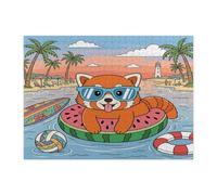 Summer Beach Red Panda Jigsaw Puzzles for Adults 500 Piece, Tropical Coastal Beachy Swim Ring Wooden Printed Puzzles, Fun Animal Pattern Decor for Entertainment Creative