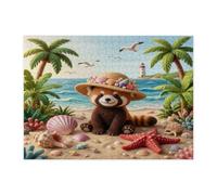 Summer Beach Red Panda Jigsaw Puzzles for Adults 500 Piece, Tropical Palm Coastal Beachy Wooden Puzzles, Fun Animal Printed Decor for Entertainment Creative