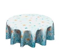 Summer Beach Round Tablecloth Nautical Coral Table Cloth 60 Inch Coastal Table Cover Rustic Blue Ocean Starfish Seashell Print Tablecover Reusable Polyester for Kitchen Dining Home Outdoor Decoration