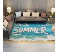 Summer Beach Rug Illustrated Ocean Waves Bold Letters Blue Carpet Low Pile Washable Easy Care Area Rugs for Office Kitchen Lounge 180x300cm