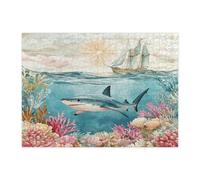 Summer Beach Shark Jigsaw Puzzles for Adults 500 Piece, Fun Ocean Coastal Sealife Wooden Printed Puzzles, Sea Underwater Pattern Decorations for Home Entertainment
