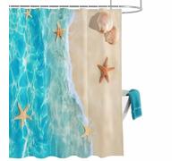 Summer Beach Shower Curtain for Bathroom, Blue Teal Ocean Waves Beige Sand Starfish Shells Waterproof Cloth Fabric Bathroom Accessories Set with 12 Rust Proof Plastic Hooks, 72” x 78”