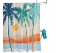 Summer Beach Shower Curtain for Bathroom, Mount Coconut Tree Sun Abstraction Waterproof Cloth Fabric Bathroom Accessories Set with 12 Rust Proof Plastic Hooks, 60” x 72”