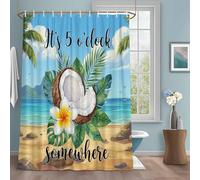Summer Beach Shower Curtain with 12 Hooks It's 5 O'clock Somewhere Tropical Coconut Floral Waterproof Fabric Shower Curtains Sets for Bathroom Bath Decorations, Machine Washable, 72"x78"