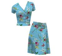 Summer Beach Skirt and Top Sets Women Plus Size Short Sleeve Tops Elegant Midi Skirts Cropped T-Shirts V Neck Blouses Floral Print Skirts Wrap Hip Dress Casual Skirt Elegant 2 Piece Blue