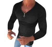 Summer Beach T Shirt for Men 2024 Fashion Tops Male Spring and Summer V Neck Tops with Solid Color Long Sleeve Casual Elastic Slim Fit T Shirts Vintage 1972 T Shirts for Men (Black, L)