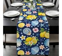 Summer Beach Table Runner 16x72 Inches Long Ocean Starfish Shell Coastal Conch Lemon Flowers Blue Cotton Linen Table Runner Burlap Style for Dinner Table Party Decor Tabletop Decorations
