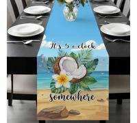 Summer Beach Table Runner 18x72 Inches Long It's 5 O'clock Somewhere Tropical Coconut Floral Cotton Linen Table Runner Burlap Style for Dinner Table Party Decor Tabletop Decorations
