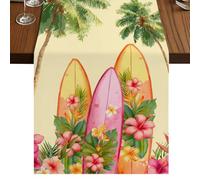 Summer Beach Table Runner, Coconut Trees Pink Flower Surfboard Tropical Plant Yellow Cotton and Table Linen Runner for Kitchen Dining Home Decor for Party Festival Holiday Decoration Gift 13x48in