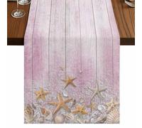 Summer Beach Table Runner, Sea Star Shell Seanut Gravel Pink Wood Grain Cotton and Table Linen Runner for Kitchen Dining Home Decor for Party Festival Holiday Decoration Gift 13x70in