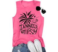 Summer Beach Tank Top for Women Sunset Coconut Tree Tank Beachy Party Vest Hawaiian Family Vacation Trip Sleeveless Tops, Pink, M