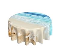 Summer Beach Theme Tablecloth Round 60 Inch Coastal Holiday Sand Starfish Ocean Wave Print Decorative Table Cloth with Dust-Proof Wrinkle Resistant for Home Kitchen Dining Patio Outdoor Picnic Part