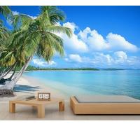 Summer Beach Wall Mural, Tropical Sea Mural, Palm Tree Wallpaper for Living Room Bedroom, Beach Wall Wallpaper - 150x105cm (Not Peel n' Stick)