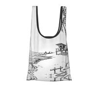 Summer Beach with Palm Trees Print Foldable Reusable Grocery Bag Lightweight Shopping Tote for Groceries Travel Beach Eco-Friendly Compact Adventure Tote
