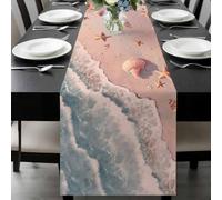 Summer Beaches Table Runner 13x90 Inches Long Nautical Ocean Pink Wave Sea Nut Starfish Pearl Cotton Linen Table Runner Burlap Style for Dinner Table Party Decor Tabletop Decorations