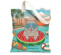 Summer Bengal Cat Beach Canvas Tote Bag for Shopping 13 * 15, Coastal Kitten Beachy Swim Reusable Grocery Bag for Women, Tropical Aesthetic Painting Gift Decoration