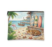 Summer Bengal Cat Beach Makeup Bag 7x9 Inch for Travel Pouch, Coastal Kitten Beachy Cottage Toiletry Cosmetic Pouch for Women, Fun Portable Canvas Zipper Organizer