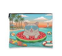 Summer Bengal Cat Beach Makeup Bag 7x9 Inch for Travel Purse, Coastal Kitten Beachy Swim Pattern Cosmetic Pouch for Women, Tropical Portable Canvas Zipper Organizer