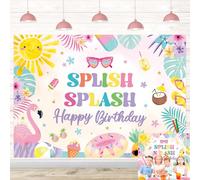 Summer Birthday Backdrop Splish Splash Happy Birthday Backdrop Summer Water Splash Tropical Pool Party Decorations Banner Photo Booth Props (82x59 inch (7x5FT))