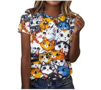 Summer Blouse for Women UK Casual Short Sleeve Crewneck Tunic Tops Funny Cute Cat Print T Shirts Dressy Trendy Plus Size Tshirts Comfy Loose Fit Tee Going Out Top Ladies Blouses