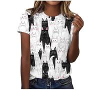Summer Blouse for Women UK Casual Short Sleeve Crewneck Tunic Tops Funny Cute Cat Print T Shirts Dressy Trendy Plus Size Tshirts Comfy Loose Fit Tee Going Out Top Ladies Blouses