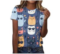 Summer Blouse for Women UK Casual Short Sleeve Crewneck Tunic Tops Funny Cute Cat Print T Shirts Dressy Trendy Plus Size Tshirts Comfy Loose Fit Tee Going Out Top Ladies Blouses