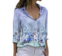 Summer Blouse Women's Shirts with Colour Gradient Floral Print Long Sleeve Button Down Blouse Summer Casual Fitted Women Blouse Shirt Top Printed, blue, S