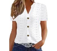 Summer Blouses for Women Dressy Button V Neck Tunic Tops Solid Floral Hollow Tshirts Plain Casual Office Pullover Shirts Elegant Party Blouses Activewear Going Out 02 White XS