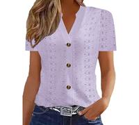 Summer Blouses for Women Dressy Button V Neck Tunic Tops Solid Floral Hollow Tshirts Plain Casual Office Pullover Shirts Elegant Party Blouses Activewear Going Out 02 Purple XS