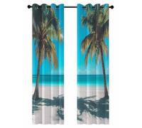 Summer Blue Blackout Curtains for Bedroom Living Room, Beach Palm Trees Sad Sea Horizon Sky 96 In Long Thermal Insulated Room Darkening Drapes Grommet Window Treatments, 52 x 96 In