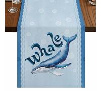 Summer Blue Ocean Whale Table Runner, Nautical Watercolor Sea Waves Bubble Cotton and Table Linen Runner for Kitchen Dining Home Decor for Party Festival Holiday Decoration Gift 16x72in