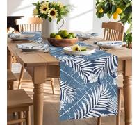 Summer Blue Palm Leaf Flower Table Runner 120 Inches Long, Tropical Leaves Floral Plant Washable Table Runners Heat-Insulation Kitchen Dining Table Decorations for Home Party Decor 13x120in