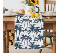 Summer Blue Palms Table Runner 13x36 Inches Long Nautical Coastal Boho Beach Watercolor Dark Blue Tree Cotton Linen Table Runner Burlap Style for Dinner Table Party Decor Tabletop Decorations