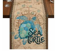 Summer Blue Sea Turtle Table Runner, Nautical Vintage Ocean Wave Compass Linen Cotton and Table Linen Runner for Kitchen Dining Home Decor for Party Festival Holiday Decoration Gift 13x60in