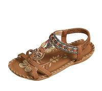 Summer Bohemian Sandals Women Beaded Flats Elastic Ankle Strap Dressy Open Toe Slippers Ethnic Beaded Decor Cross Strap Design Soft Padded Non Slip Breathable Casual Shoes For Vacation,Brown, Size 3.5