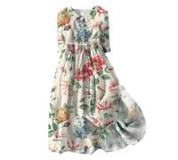 Summer Boho Dresses for Women UK Sale Clearance Elegant Vintage Art Floral Print Midi Short Sleeve Plus Size Loose Dress Deal of The Day Lapel Scoop Neck Button up Swing Womens Dresses
