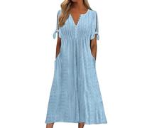 Summer Boho Maxi Linen Dresses for Women UK Solid Color V Neck Hole Hollowed out Lace Pleated Mid Length Beach Dress Casual Loose Bridesmaid Dress with Pockets Ladies Bohemian Print a Line Dress Sales