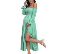 Summer Boho Off Shoulder Maternity Dresses, Long Sleeve Side Split Flowy A Line Tiered Maxi Dress for Baby Shower Photoshoot, Bright Green, L