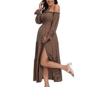 Summer Boho Off Shoulder Maternity Dresses, Long Sleeve Side Split Flowy A Line Tiered Maxi Dress for Baby Shower Photoshoot, Brown, S