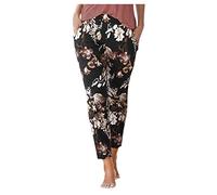 Summer Boho Women's Trousers - UK, 2024 Beach Lounge Pants with Elasticated Waist, Vintage Floral Print Linen Harem Hippie Pants with Pockets (Black, L)